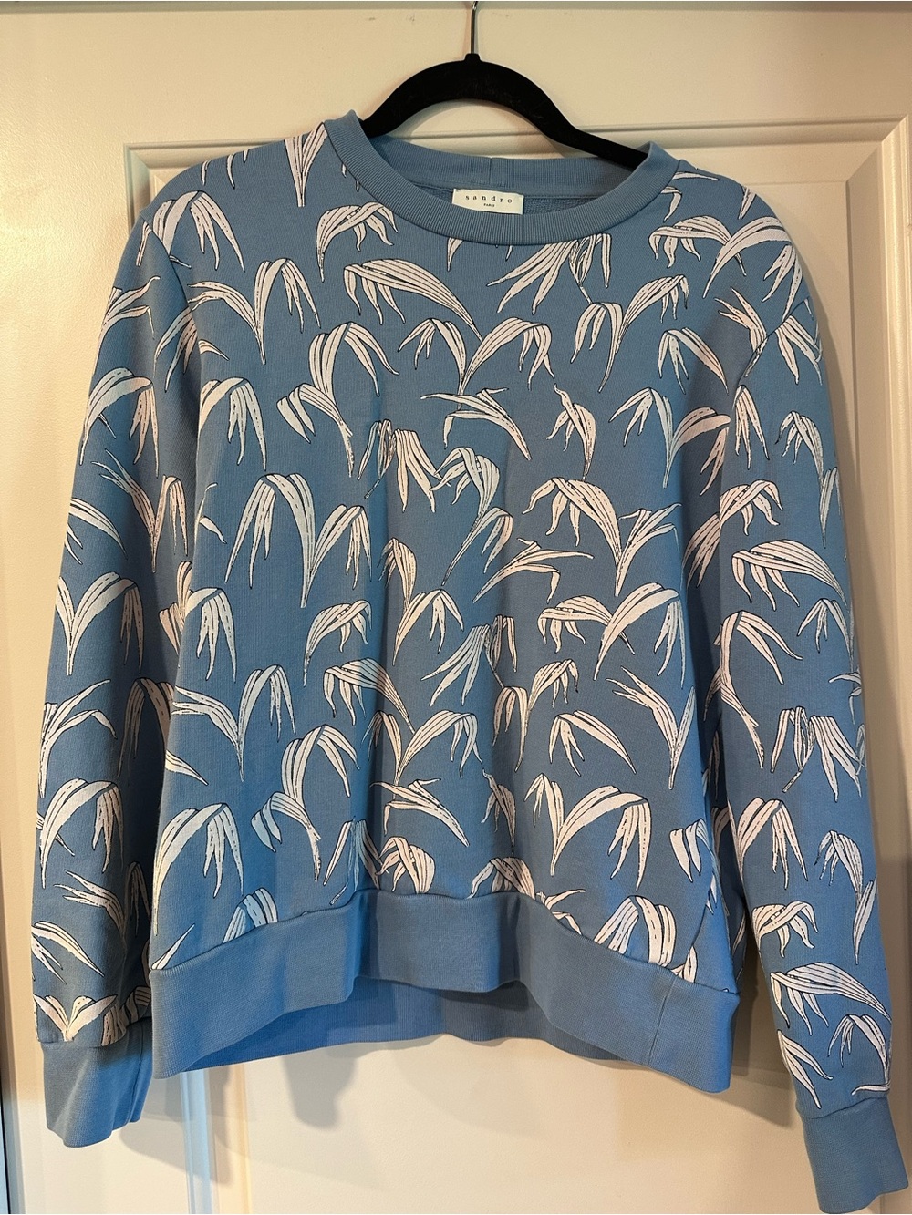 Sandro Paris Blue Foliage 100% Cotton Crewneck Sweater